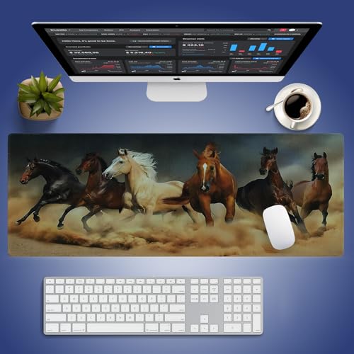 Wknoon. Extra Large Gaming Mouse Pad (31.5" x 11.8") with Durable Stitched Edges – Galloping Horses in The Sand Magnificent Scene, Running Animals Equine Themed Extended XXL Desk Mat - color: Galloping Horses