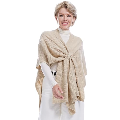 MissShorthair Knit Shawl Wraps for Women Boho Crochet Shawls Cape Open Front Cardigan - color: Beige 2