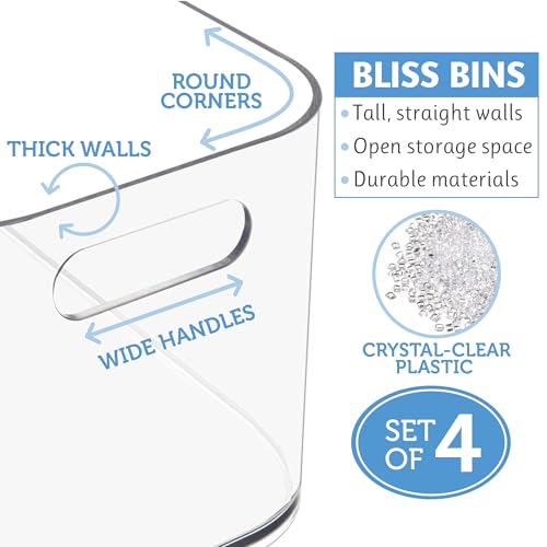 STORi Bliss 10" x 6" Open Clear Pantry Organizer Bin, Set of 4, Plastic Containers with Handle for Kitchen, Fridge, Cabinet, Closet, Bathroom, Undersink Storage Made in USA