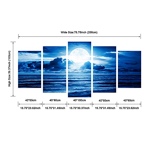 Pyradecor Extra Large Blue Clouds 5 Panels Moon Sea Beach Canvas Wall Art Modern Landscape Canvas Prints Pictures Artwork for Living Room Bedroom Home Decorations - size: 16x24inchx2pcs,16x32inchx2pcs,16x40inchx1pc