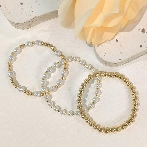 Zeffy Gold Pearl Beaded Bracelet for Women, 14K Gold Plated Jewelry Set With Paperclip Link Chain, Trendy Stack Bracelets - style: 3PCS Pearl Beaded Bracelets