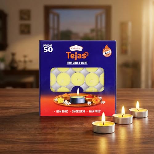 Shubhkart Tejas Premium Ghee T-Light Candle Set of 50 Wax-Free Smokeless Tealights for Prayer Rooms, Meditation, Home, Festive Events, Weddings & Gifting with Bright Long-Lasting 3-Hour Pure Flame