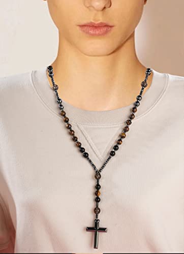 LIYAPEI Triple Protection Necklace with Tiger Eye, Obsidian, and Hematite - Stylish Men's Cross Necklace and Women's Y-Shaped Sweater Chain An Anxiety Relief Beaded Necklace. - color: Tiger Eye Red