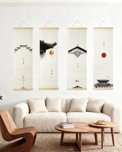Vertical Chinese Wall Scroll Set of 4 - Traditional Ancient Architecture Paintings, Asian Wall Art with Natural Wood Frame for Living Room, Office Decor - style: Art Deco