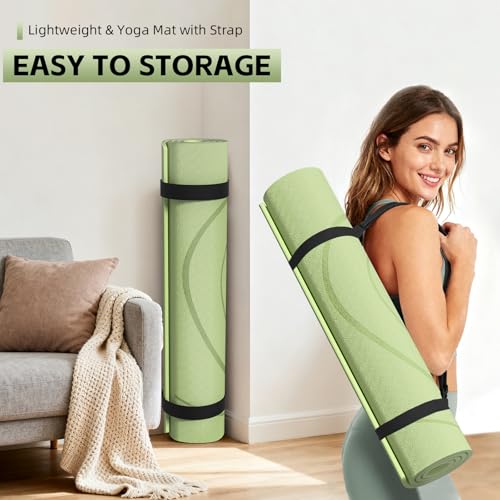 Large Yoga Mat Thick, 76"x32"x0.31"Wide POE Exercise Mat with Non-Slip Surface & Carry Strap, Anti-Tear Workout Mat for Yoga, Pilates, Fitness - color: Light Green