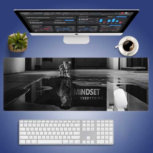 XXL Gaming Mouse Pad with Stitched Edges for Home & Office - Mindset is Everything Inspirational Quote & Cute Cat Funny Tiger Reflection, Smooth Fabric Surface Anti-Slip Base Large Desk Mat - color: Inspirational