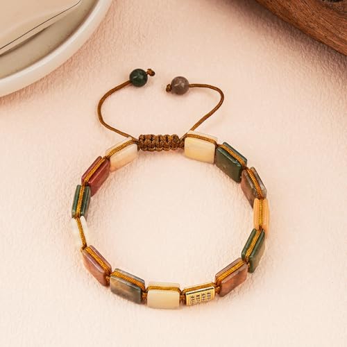 Square Natural Stone Unisex Adjustable Bracelet - Handmade with Natural Stons - Square Healing Crystal Bead Bracelet - color: Multicolored