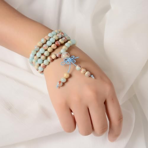 AD Beads 6mm Natural Healing Gemstones Buddhist 108 Prayer Mala Stretchy Bracelet Necklace - color: Agalmatolite