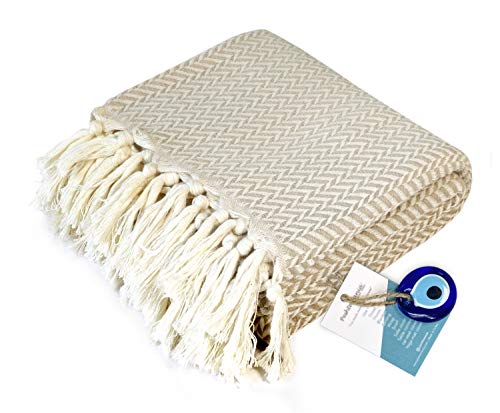 Peshtemania Premium Cotton Boho Throw Blanket Fall Throw Blanket |50”x60”| Beige Cream for Bed Sofa Couch Outdoor Farmhouse Turkish Throws and Blankets for Bedroom Picnic Blankets Yoga Blanket