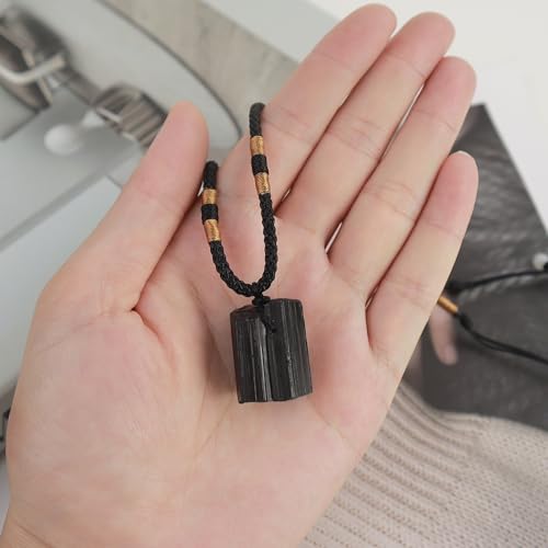 Natural unprocessed crystal raw stone hand woven rope adjustable necklace pendant for both men and women - color: A-Black Tourmaline1