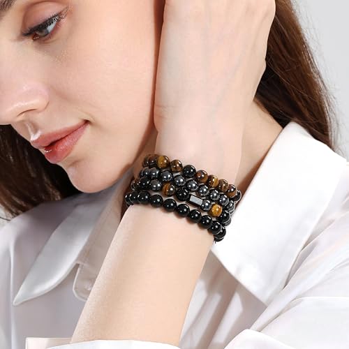 Fengling 4 PCS Beaded Crystal Bracelet for Women 8mm Natural Gemstones Handmade Bracelet for Girls Healing Stretch Bracelets Crystal Jewelry for Women Gifts - color: Tiger Eye&Black Obsidian&Hematite