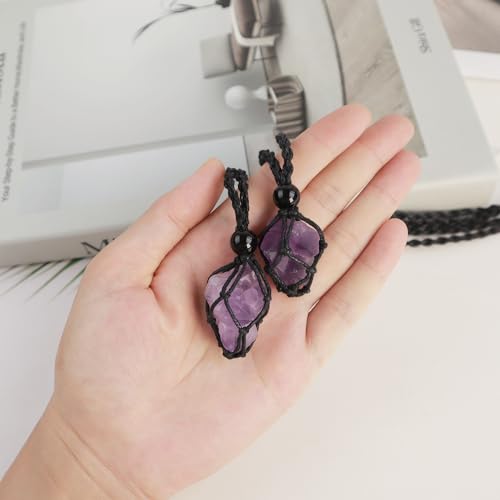 Natural unprocessed crystal raw stone hand woven rope adjustable necklace pendant for both men and women - color: A-Amethyst cluster 1