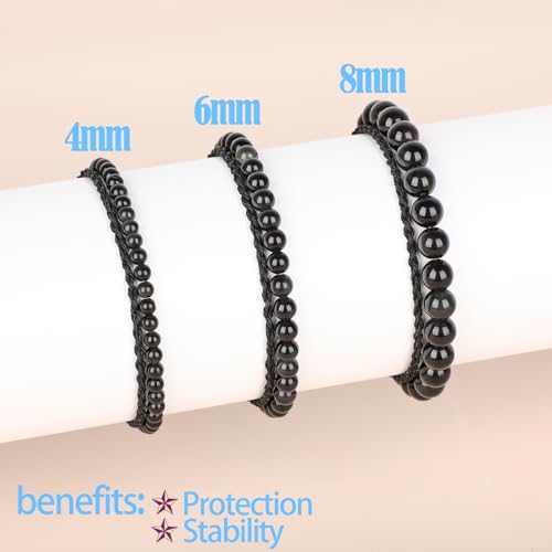 QOGIR 2pcs Handmade Healing Bracelet, Natural Gem Stone Crystal Elastic Bracelet - color: Black Obsidian(Self - Reflection), size: 4mm