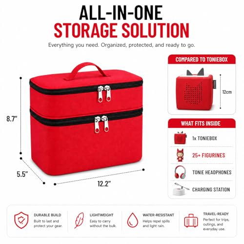 Bevegekos Carrying Storage Travel Bag for Toniebox 2 Starter Set, for 25+ Tonie Figures, Charging Station & Headphone, Case Only (Large, Red) - color: Red