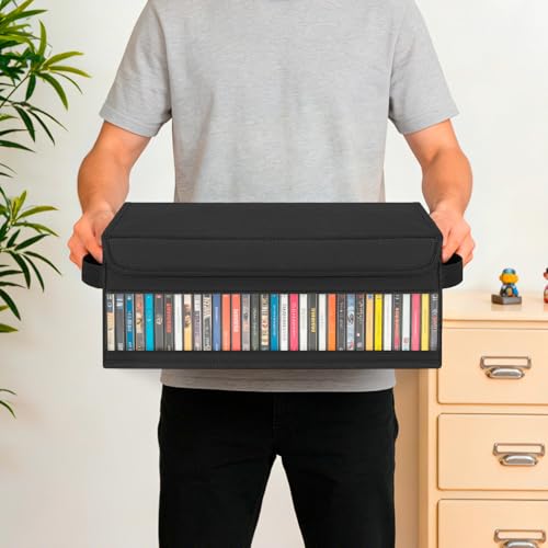 Home CD Storage Case Organizer Bag for Cassette CD, Portable and Large Capacity with Transparent Cover Carrying Handles and Zipper, Black (Black-Side Window, 2 Pack) - size: 2 Pack