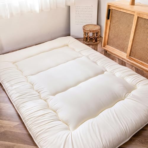 MAXYOYO Japanese Floor Futon Queen Size, Thicken Tatami Mat Sleeping Pad Foldable Roll Up Mattress Trifold Pad Guest Mat, Off White - color: Off White, size: Queen