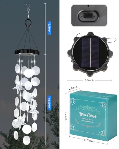 Solar Wind Chimes Decorative Lights for Outside, Shells Gifts for Mom Grandma Women Wife Girls, Hanging Solar Light for Holiday Garden Yard Window (White) - size: White