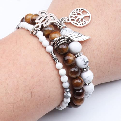 Tree of Life Yoga Healing Stone Bracelets,Multilayer Lotus Chakra Stone Reiki Bracelet Sets,Anxiety Crystal Natural Stone,for Women Stress Relief - style: White turquoise+Tiger's Eye stone
