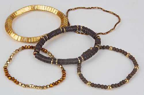 SPUNKYsoul Beaded Stretch Bracelet Set – Multi-Piece Stackable Fashion Bracelet Collection, Elastic Fit, Minimalist Boho Jewelry for Everyday Wear - style: "Isla" Gold, Gray Heishi