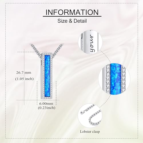 Cremation Urn Necklaces for Ashes Sterling Silver 3D Vertical Bar Memorial Pendant for Loved Ones Keepsake Cremation Jewelry Gifts for Women Men - style: Blue Opal