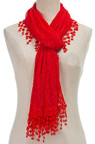 Cindy and Wendy Lightweight Soft Leaf Lace Fringes Scarf Bridal Veils shawl for Women - color: Red-2