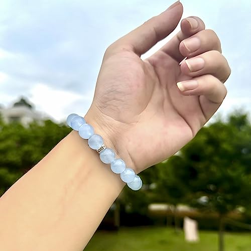 Healing Bracelet For Women Anxiety Crystal Bracelet Chakra Beaded Bracelets Rose Quartz Crystals And Healing Stones Yoga Bead Bracelet Calming Stretch Bracelet Stress Relief Gifts For Women - color: Blue-Chalcedony