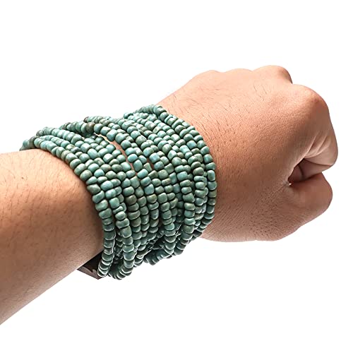 Rustic TURQUOISE Color Ethnic Beaded Bali Bracelet with Dense Hardwood Buckle Clasp 14 Elastic Strands 2mm Glass Beads in GIFT BOX