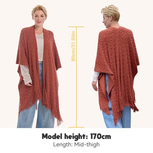 MissShorthair Knit Shawl Wraps for Women Boho Crochet Shawls Cape Open Front Cardigan - color: Rust Red