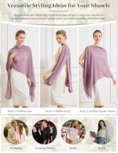 Chiffon Cape Shawl Wrap Scarf 3 Ways to Wear Elegant Sheer Capelet for Evening Dresses Weddings Parties - color: Mauve