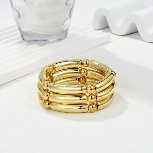 Gold Chunky Bangles Bracelets For Women 14k Gold Plated Stack Layered Curved Bamboo Tube Stretch Bracelets Gift Jewelry - color: 3pcs Gold-8mm