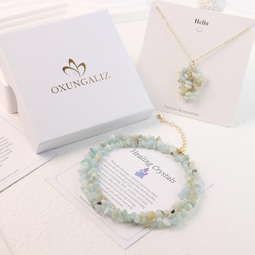 2Pcs Crystal Necklace for Women Handmade Choker Necklaces Pendant Necklace Natural Stone Gemstone Beaded Necklace 18k Gold Plated Adjustable Dainty Necklace for Women - color: Amazonite