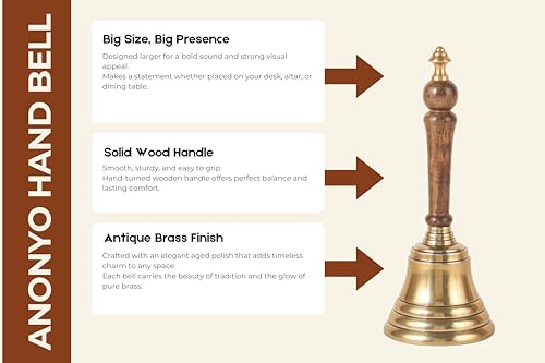 Hand Bell with Antique Brass Finish and Wooden Handle – Perfect for Weddings, Schools, Games, Reception Desks, Religious Ceremonies & Events – 3” Diameter, 8” Height