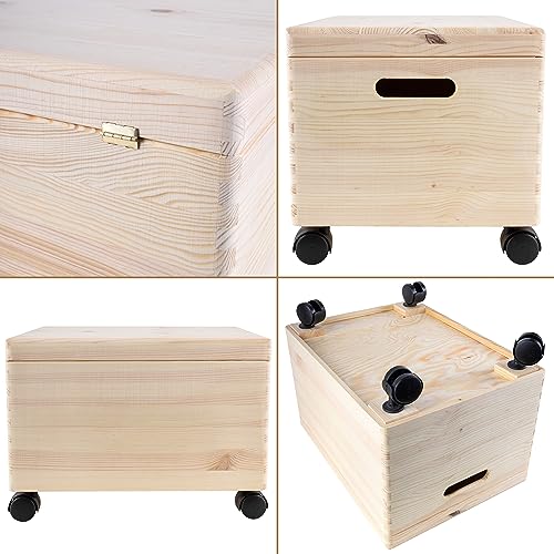 Creative Deco XXL Large Plain Wooden Box Storage with Hinged Lid & Wheels | 15.8x11.8x9.44 inches (+-0.5) | Handles | Unpainted Gift Tool Dog Toy Clothes Kitchen Storage | Rough UNSANDED