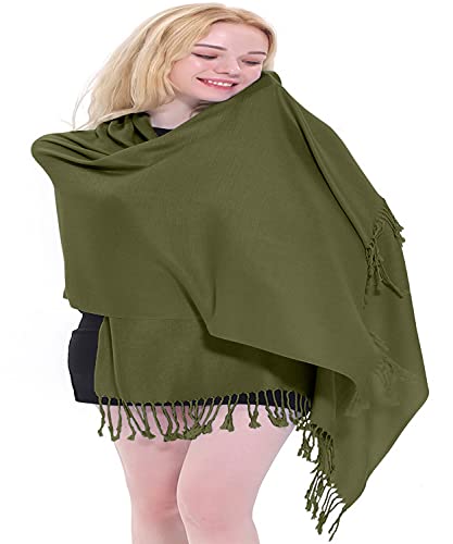 CJ Apparel Solid Color Tassels Design Nepalese Shawl Scarf Wrap Stole Throw Head Wrap Pashmina Gift Hand Made in Nepal New - color: Avocado Green