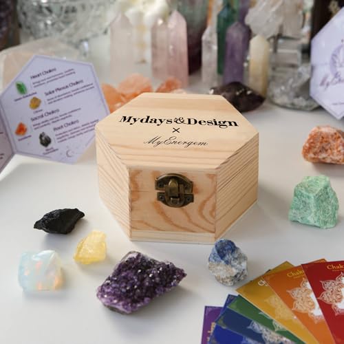 MYDAYS&DESIGN 7 Chakra Healing Crystals Set for Meditation Yoga Reiki, Amethyst Cluster, Lapis Lazuli, Opal, Green Aventurine, Citrine, Sunstone, Black Tourmaline with Wooden Gift Box and Guidebook