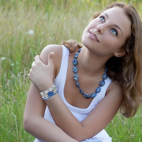 Women Boho Handmade Natural Stone Crystal Leather Bead Wrap Bracelets Collection - style: Blue Aventurine 5W