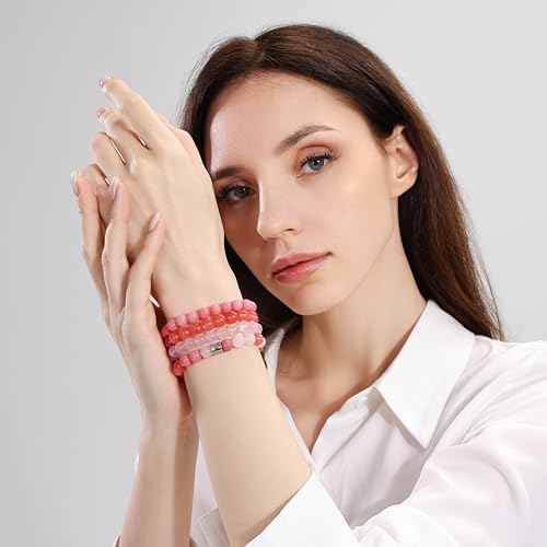 Fengling 4 PCS Beaded Crystal Bracelet for Women 8mm Natural Gemstones Handmade Bracelet for Girls Healing Stretch Bracelets Crystal Jewelry for Women Gifts - color: Pink Crystal&Watermelon crysta&Rose Quartz