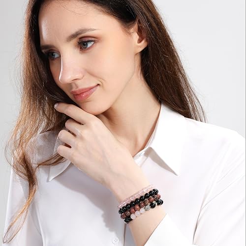 Fengling 4 PCS Beaded Crystal Bracelet for Women 8mm Natural Gemstones Handmade Bracelet for Girls Healing Stretch Bracelets Crystal Jewelry for Women Gifts - color: Pink Crystal&Black Thread Rhodochrosite &Pure Black obsidian