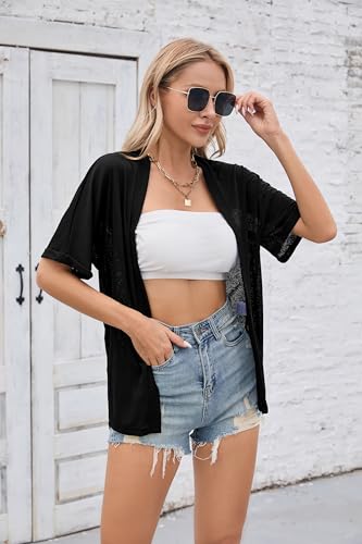 Iandroiy Women's Lightweight Open Front Cardigans Casual Short Sleeve Blouse Tops - color: A-04 Black, size: Large