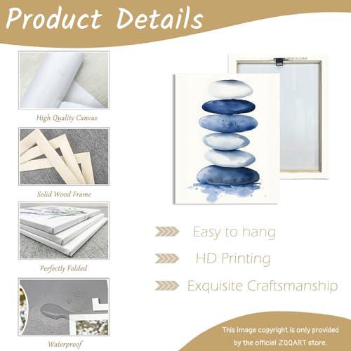 ZQQART Zen Stone Canvas Wall Art Blue and White Zen Stone Paintings Bathroom Pictures Relaxing Spa Meditation Room Spiritual Artwork for Living Room Framed (16W x 20L) - size: 16W" x 20L"