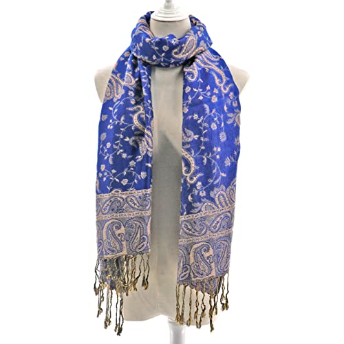 Ciormis Two Tone Silky Paisley Pashmina Shawl Scarf,Soft Women's Rave Jacquard Pashminas Wrap Scarves - color: Style1 -Royal Blue Paisley