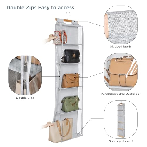 Hanging Handbag Purse Organizer with Zippers, 5 Mesh Shelves,Clear Slubbed Fabric+PVC Hanging Closet Bag Organizer, Dustproof Handbag Closet Tote Storage Bag for Door, Wardrobe, Shelf Rack
