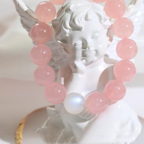 Rose Quartz Bracelet, 8mm Natural Gemstone Love Stone Jewelry Anxiety Relief & Meditation Support Heart Chakra Balance Valentine’s Mother’s Day Gift for Her - color: White moonlight pink