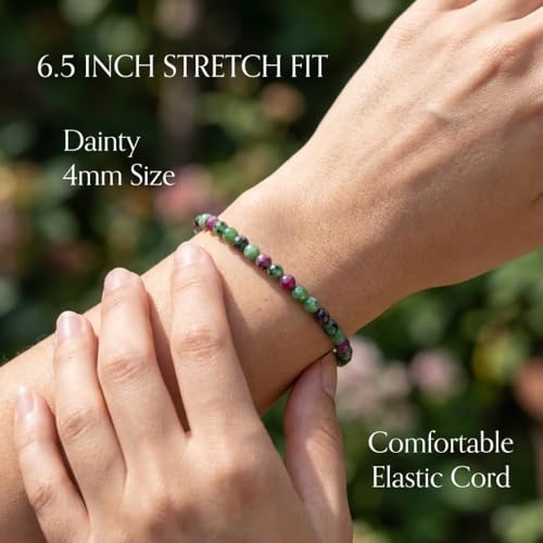 Angelstones Natural Gemstone Small Beaded Stretch Bracelet, 4mm Faceted Round Beads, Crystal Healing Bracelet for Women - color: Ruby In Zoisite
