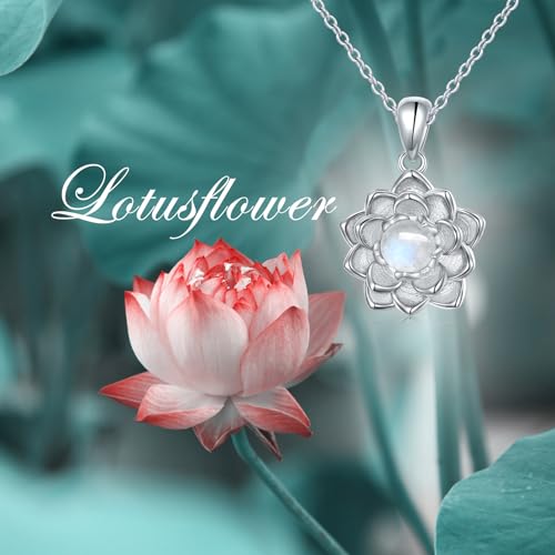 Moonstone Lotus Jewelry Set 925 Sterling Silver Lotus Flower Ring Engraved True Love Waits Natural Healing Buddha Spiritual Yoga Lotus Jewelry Set Gifts for Women - style: Lotus Necklace