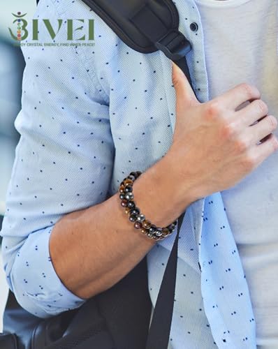 Bivei Natural Gemstone Semi Precious Healing Crystals Handmade Stretchy Round Beads Bracelet,Stocking Stuffers for Women Enhance Positive Energy - color: 8mm Triple Protection Set, size: Small: 6.5-6.7 inch