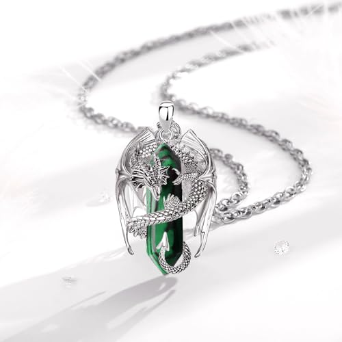INFUSEU Unique Dragon Necklaces with Healing Crystal Stone for Men Women, Personalized Spiritual Gifts, 24 Inch Chain - color: Green Malachite