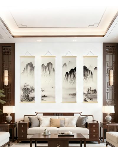 TaraZen Landscape Wall Painting Set of 4 - Chinese Ink Mountain River Scroll, Vertical Asian Wall Art Decor with Wood Frame for Living Room, Bedroom & Office - style: Asian