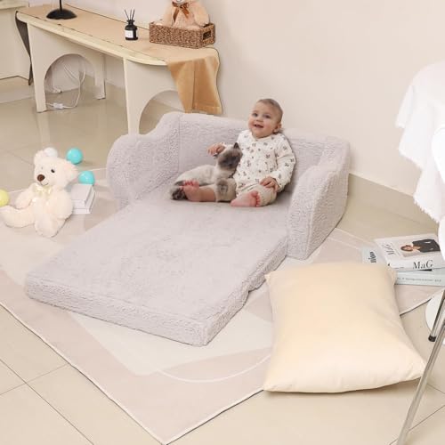 MOMCAYWEX Kids Sofa, 2-in-1 Flip-Out Foam Couch, Soft Play Lounge Chair for Toddlers and Children, Extra Wide, Grey - color: Grey, size: Large