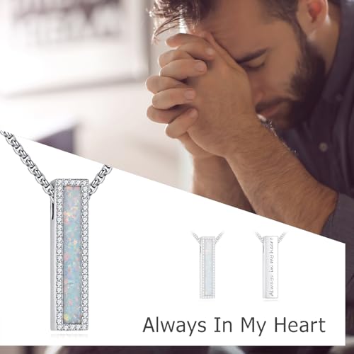 Cremation Urn Necklaces for Ashes Sterling Silver 3D Vertical Bar Memorial Pendant for Loved Ones Keepsake Cremation Jewelry Gifts for Women Men - style: Opal